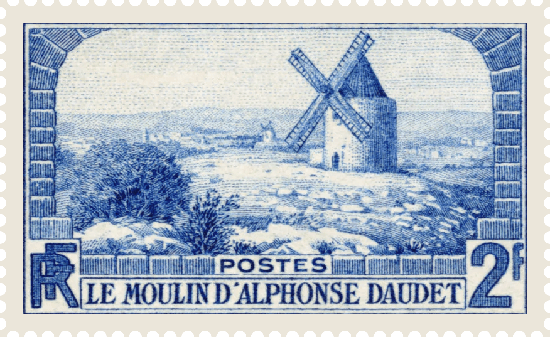 The stamp features the Moulin Saint-Pierre (popularly known as Le Moulin d'Alphonse Daudet), a traditional 19th-century stone windmill situated on a hill in Fontvieille, Provence. Jules Piel’s fine line engraving presents the mill elevated above a stylized Provençal landscape, rendered in a rich blue ink that evokes the bright atmosphere of Southern France. The stamp was issued specifically to celebrate the 70th anniversary of the first publication of Daudet's Lettres de mon moulin. Printed in sheets of 50 stamps, its horizontal "monumental landscape" format was part of a popular trend in 1930s French philately that emphasized historical heritage and regional architecture over standard definitive portraits.