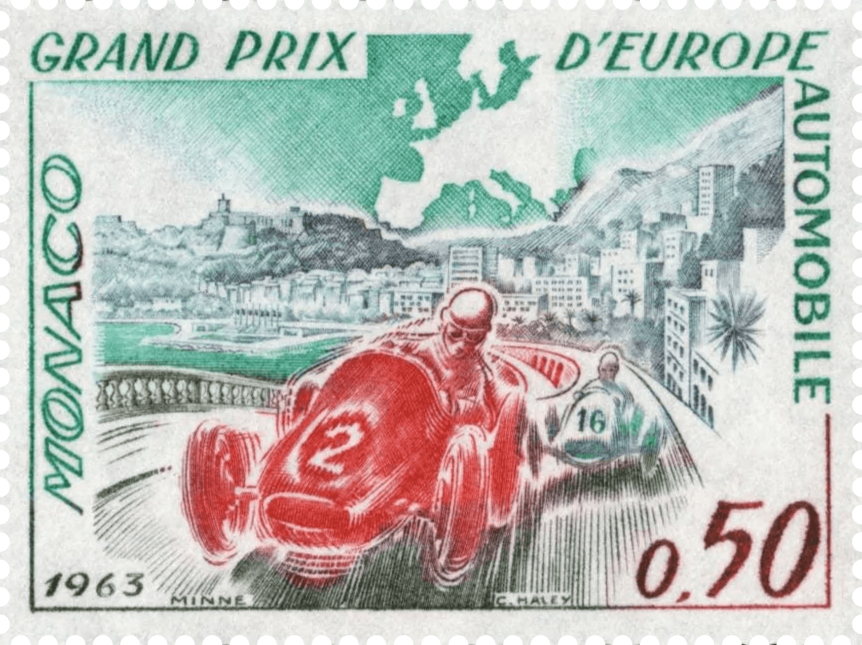The stamp commemorates the XXI Monaco Grand Prix, which held the prestigious honorary title of the 1963 European Grand Prix. The 1963 European Grand Prix (held on May 26, 1963) was won by legendary British driver Graham Hill driving his BRM P57. It was the first of his five famous victories at Monaco, earning him the nickname "Mr. Monaco" / "King of Monaco." You can spot the artist and engraver signatures right inside the design at the bottom margin—MINNE on the left and C. HALEY on the right.